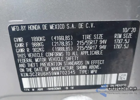 2021 Honda Hr-V Awd Ex z USA, uszkodzony, nr VIN 3CZRU6H59MM702345